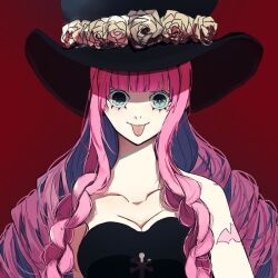 Rule 34 | 1girl, :&gt;, arm tattoo, artist request, bare shoulders, black dress, black hat, breasts, cleavage, dress, drill hair, eyelashes, flower, hat, hat flower, highres, large breasts, long hair, looking at viewer, one piece, perona, pink hair, shoulder tattoo, sidelocks, simple background, sleeveless, sleeveless dress, solo, strapless, strapless dress, tattoo, tongue, tongue out, upper body