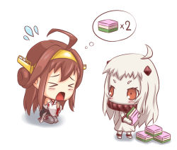 Rule 34 | &gt; &lt;, 10s, 2girls, abyssal ship, ahoge, begging, brown eyes, brown hair, colored skin, commentary request, closed eyes, flying sweatdrops, headgear, hiiro (midori no kakera), hishimochi, japanese clothes, kantai collection, kneeling, kongou (kancolle), kongou kai ni (kancolle), mittens, multiple girls, nontraditional miko, northern ocean princess, thighhighs, white hair, white skin