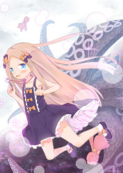 Rule 34 | 1girl, :d, abigail williams (fate), absurdres, bare arms, bare shoulders, black bow, black dress, black footwear, blue eyes, blush, bow, collarbone, commentary request, dress, fate/grand order, fate (series), forehead, hair bow, highres, holding, holding key, key, light brown hair, long hair, looking at viewer, open mouth, orange bow, parted bangs, polka dot, polka dot bow, shoes, sleeveless, sleeveless dress, smile, socks, solo, sparkle, stuffed animal, stuffed toy, su guryu, suction cups, teddy bear, tentacles, very long hair, white socks