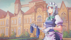Rule 34 | 1girl, acrylic paint (medium), apron, architecture, balcony, blue eyes, blue skirt, blue sky, blue vest, braid, breasts, bridge, clock, clock tower, cloth, cloud, curtains, day, gloves, green ribbon, hair ribbon, highres, holding, holding cloth, holding knife, izayoi sakuya, knife, looking at viewer, maid headdress, neck ribbon, outdoors, painting (medium), parted bangs, planter, puffy short sleeves, puffy sleeves, ribbon, scarlet devil mansion, shirt, short hair, short sleeves, silver hair, skirt, sky, small breasts, smile, solo, standing, topiary, touhou, tower, traditional media, tress ribbon, twin braids, u-joe, upper body, vest, waist apron, white gloves, white shirt, window, wiping