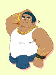 Rule 34 | 1boy, arm up, baku hosamo, bara, belly, buzz cut, cropped torso, dark-skinned male, dark skin, facial hair, facial mark, fat, fat man, forehead mark, goatee, hand on own head, looking at viewer, male focus, mature male, muscular, muscular male, pectoral cleavage, pectorals, short hair, sideburns, smile, solo, stubble, tank top, thick eyebrows, tokyo houkago summoners, tvastar (housamo), very short hair, watch, white tank top, wristwatch