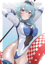 Rule 34 | 1girl, absurdres, alternate costume, aqua hair, arms up, asymmetrical hair, black hairband, blush, border, breasts, brown eyes, checkered flag, eula (genshin impact), flag, genshin impact, groin, hairband, highleg, highleg leotard, highres, holding, holding flag, leotard, long sleeves, looking at viewer, medium breasts, medium hair, parted lips, race queen, red flag, thighhighs, thighs, two-tone background, white border, yashita saki