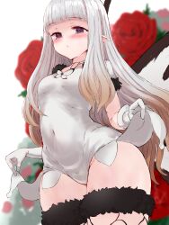 Rule 34 | 1girl, absurdres, airy (bravely default), black thighhighs, blush, bravely default: brilliant lights, bravely default: flying fairy, bravely default (series), breasts, brown eyes, butterfly wings, commission, commissioner upload, covered navel, fairy, fairy wings, flower, fur trim, gloves, groin, gulp5959, highres, insect wings, leotard, long hair, looking at viewer, pointy ears, rose, skeb commission, small breasts, solo, thighhighs, thighs, white gloves, white hair, white leotard, wings
