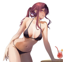 Rule 34 | 1girl, absurdres, alternate costume, arm behind back, arm support, bikini, black bikini, breasts, clisapex, cocktail glass, cup, drinking glass, drinking straw, eyewear on head, food, fruit, glasses, halterneck, highres, honkai: star rail, honkai (series), kafka (honkai: star rail), leaning forward, leaning on table, long hair, looking at viewer, looking to the side, medium breasts, navel, no pupils, orange (fruit), orange slice, parted lips, pince-nez, ponytail, purple eyes, purple hair, round eyewear, round table, sideboob, sidelocks, simple background, solo, stomach, strap gap, string bikini, swimsuit, table, tropical drink, white background, wooden table