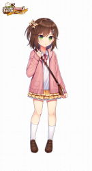 Rule 34 | 1girl, bag, blush, bow, brown bow, brown footwear, brown hair, brown skirt, character request, closed mouth, collared shirt, full body, green eyes, hair bow, hair ornament, hairclip, hitsuki rei, jacket, layered skirt, loafers, long sleeves, looking at viewer, neck ribbon, official art, one side up, open clothes, open jacket, pink jacket, pleated skirt, red ribbon, ribbon, shirt, shoes, shoulder bag, skirt, sleeves past wrists, snowdreams -lost in winter-, socks, solo, standing, white shirt, white socks