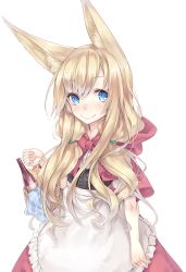Rule 34 | 1girl, animal ears, apron, basket, blonde hair, blue eyes, blush, hood, ichijou hitoshi, little red riding hood, long hair, looking at viewer, low twintails, original, red cape, red hood, skirt, smile, solo, twintails