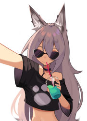 Rule 34 | 1girl, absurdres, animal ear fluff, animal ears, bikini, bikini under clothes, black shirt, cropped shirt, drinking straw, drinking straw in mouth, fang, fang out, ghost (tama), grey hair, halterneck, halterneck, highres, long hair, original, paw print, selfie, shirt, skin fang, smile, solo, sunglasses, swimsuit, tinted eyewear, white background, wolf ears, wolf girl