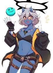 Rule 34 | 1girl, ahoge, ball, black halo, black jacket, black nails, blue horns, blue skin, breast tattoo, breasts, chemaru (a8l), colored skin, commentary request, spiked halo, cowboy shot, dark halo, fingerless gloves, fingernails, genderswap, genderswap (mtf), gloves, grey hair, guilty gear, guilty gear strive, gun, halo, handgun, happy chaos, heart, heart tattoo, holster, holstered, horns, jacket, linea alba, looking at viewer, medium breasts, nail polish, navel, off shoulder, open clothes, open jacket, open mouth, orange-tinted eyewear, pistol, rimless eyewear, short shorts, shorts, skin-covered horns, solo, standing, studded bracelet, tattoo, thigh holster, tinted eyewear, v, weapon, x-shaped eyewear