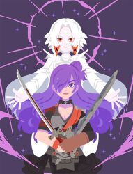Rule 34 | 1girl, 1other, arval (fire emblem), blanchelune, breasts, cleavage, dual wielding, fire emblem, fire emblem: three houses, fire emblem warriors, fire emblem warriors: three hopes, hair bun, hair over one eye, holding, long hair, looking at viewer, nintendo, outstretched arms, purple background, purple eyes, purple hair, red eyes, serious, shez (female) (fire emblem), shez (fire emblem), single hair bun, smile, sparkle, sword, weapon, white hair