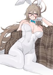 Rule 34 | 1girl, akane (blue archive), akane (bunny) (blue archive), animal ears, aochoku, bare shoulders, black-framed eyewear, blue archive, bow, bowtie, covered navel, detached sleeves, glasses, gloves, green bow, green bowtie, halo, highres, leotard, light brown hair, long hair, looking at viewer, pantyhose, plaid shawl, playboy bunny, rabbit ears, shawl, simple background, skin tight, smile, solo, very long hair, white gloves, white leotard, white pantyhose
