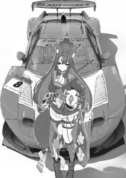 Rule 34 | 1girl, animal ear headwear, animal ears, autobacs racing team aguri, black footwear, black hair, blue archive, car, carrying, carrying under arm, commentary, fake animal ears, feet out of frame, floral print kimono, fox ears, fox tail, greyscale, halo, helmet, highres, honda nsx, japanese clothes, jun project, kimono, long hair, looking at viewer, monochrome, motor vehicle, race vehicle, racecar, single thighhigh, skirt, smile, solo, standing, tail, thigh strap, thighhighs, torn clothes, torn thighhighs, unworn headwear, unworn helmet, vehicle request, wakamo (blue archive), white skirt