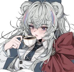 Rule 34 | 1girl, ahoge, animal ears, aogisa, arknights, bear ears, blue coat, blue eyes, blue hair, blue necktie, blush, bow, breasts, buttons, coat, collared shirt, commentary, cup, dress, drinking, english commentary, eyelashes, hair between eyes, heterochromia, highres, holding, holding cup, long hair, long sleeves, medium breasts, multicolored hair, necktie, open mouth, pink hair, red bow, red eyes, rosa (arknights), shirt, shirt under dress, silver hair, simple background, solo, streaked hair, teacup, unfinished, upper body, white background, white dress, white shirt, wing collar