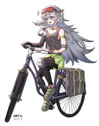 Rule 34 | 1girl, absurdres, alternate costume, arknights, armlet, bag, bare shoulders, bicycle, black leggings, blue eyes, blush, commentary request, compression sleeve, dated, elbow pads, feathered wings, feathers, gaoling gangqin, goggles, goggles on head, green skirt, grey tank top, head wings, highres, knee pads, leggings, long hair, mulberry (arknights), open mouth, riding, riding bicycle, simple background, skirt, solo, strap slip, tank top, very long hair, white background, white feathers, white hair, white wings, wings