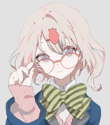 Rule 34 | 1girl, blonde hair, blue jacket, bow, bowtie, glasses, grey background, grey eyes, hair ornament, hairclip, jacket, long sleeves, looking at viewer, mori ichigo, na ta53, parted lips, pink sweater, project cold, red-framed eyewear, shirt, short hair, sleeves past wrists, solo, striped, striped bow, sweater, upper body, white shirt