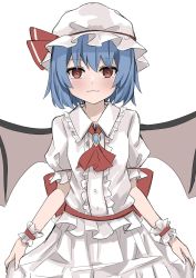 Rule 34 | 1girl, ascot, bat wings, blue hair, center frills, closed mouth, collared shirt, frills, hat, hat ribbon, highres, looking at viewer, mob cap, ramiki, red ascot, red eyes, red ribbon, remilia scarlet, ribbon, shirt, short hair, short sleeves, simple background, smile, solo, touhou, upper body, white background, white hat, white shirt, wings, wrist cuffs