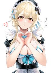 Rule 34 | 1girl, :o, absurdres, apron, blonde hair, blush, bow, breasts, cleavage, enma daio, flower, frills, genshin impact, hair between eyes, hair flower, hair ornament, heart, heart hands, highres, large breasts, looking at viewer, lumine (genshin impact), maid, maid apron, maid headdress, open mouth, puffy sleeves, ribbon, short hair with long locks, simple background, solo, upper body, waist apron, white background, yellow eyes