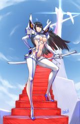 Rule 34 | 1girl, artist name, black hair, blue eyes, breasts, cleavage, hand on own hip, highres, holding, holding sword, holding weapon, junketsu, kill la kill, kiryuuin satsuki, legs, long hair, long legs, looking at viewer, navel, ozkh, serious, signature, solo, sword, weapon, white legwear