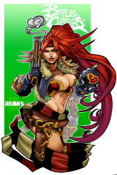 Rule 34 | 1girl, battle chasers, breasts, choker, cleavage, earrings, gloves, green eyes, gun, headband, highres, jewelry, large breasts, long hair, midriff, navel, one eye closed, ponytail, red hair, red monika, revealing clothes, tagme, weapon