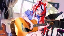 Rule 34 | 1girl, :d, animal ear fluff, animal ears, black hair, blazer, blue eyes, blue jacket, blush, classroom, collared shirt, colored tips, commentary request, crossed legs, curtains, drum, drum set, foot out of frame, grand piano, guitar, hakos baelz, highres, holding, holding guitar, holding instrument, hololive, hololive english, indoors, instrument, jacket, light particles, looking at object, looking down, mouse ears, multicolored hair, neck ribbon, official alternate costume, official art, open mouth, piano, playing guitar, red hair, ribbon, school, school uniform, shirt, sitting, smile, solo, streaked hair, sunlight, tatejima uri, virtual youtuber, white hair, white shirt, window shadow