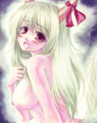 Rule 34 | 1girl, blush, breasts, completely nude, ex-keine, fang, female focus, green hair, horn ornament, horn ribbon, horns, kamishirasawa keine, nipples, nude, ribbon, solo, sugai, tail, touhou, traditional media