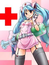 Rule 34 | 1girl, 310123, belt, blue hair, garter straps, gloves, hatsune miku, koiiro byoutou (vocaloid), long hair, nurse, oversized object, pointing, red eyes, smile, solo, syringe, thighhighs, twintails, very long hair, vocaloid