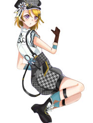Rule 34 | 1girl, :o, alternate hairstyle, artist name, artist request, back bow, bare legs, bare shoulders, black footwear, blush, boots, bow, bowtie, braid, breasts, brown gloves, brown hair, buttons, center frills, cross-laced footwear, detached collar, detective, detective in training (love live!), dress, female focus, frilled dress, frills, from behind, full body, fur-trimmed gloves, fur trim, gloves, green bow, green legwear, grey pants, grey shorts, hair between eyes, hair ornament, hairclip, hat, hat bow, hat ribbon, koizumi hanayo, looking at viewer, looking back, love live!, love live! school idol festival, love live! school idol festival all stars, love live! school idol project, magnifying glass, pants, parted lips, peaked cap, puffy shorts, purple bow, purple eyes, purple hat, ribbon, scissors hair ornament, short hair, shorts, single braid, sleeveless, sleeveless dress, smile, solo, twin braids, twintails, white background, white detached collar, white dress, white ribbon, x hair ornament