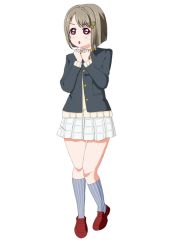 Rule 34 | 1girl, :o, artist name, artist request, bare legs, black jacket, blush, bow, bowtie, breasts, brown footwear, brown hair, buttons, cardigan, checkered clothes, checkered skirt, clenched hands, collared shirt, crescent, crescent hair ornament, female focus, flat chest, full body, grey hair, grey legwear, hair ornament, jacket, light brown hair, long sleeves, looking at viewer, love live!, love live! nijigasaki high school idol club, miniskirt, nakasu kasumi, neck ribbon, nijigasaki academy school uniform, parted lips, plaid, plaid skirt, pleated skirt, purple eyes, red eyes, ribbon, school uniform, shirt, shoes, short hair, skirt, small breasts, smile, solo, standing, striped legwear, sweater, sweater vest, vest, white background, white shirt, white skirt, yellow bow, yellow cardigan, yellow ribbon, yellow sweater