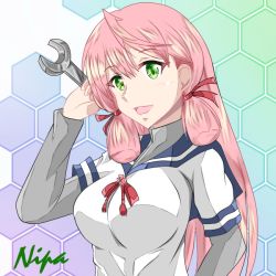 Rule 34 | 1girl, akashi (kancolle), artist name, blue sailor collar, commentary request, green eyes, hair ribbon, honeycomb (pattern), honeycomb background, kantai collection, long hair, long sleeves, looking at viewer, nipa (graf xsr900), one-hour drawing challenge, pink hair, ribbon, sailor collar, school uniform, serafuku, smile, solo, tress ribbon, undershirt, upper body, wrench