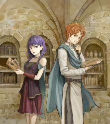 Rule 34 | 1boy, 1girl, absurdres, artur (fire emblem), book, braid, couple, fire emblem, fire emblem: the sacred stones, hetero, highres, holding, holding book, looking at viewer, lute (fire emblem), nintendo, orange eyes, orange hair, purple eyes, purple hair, reading, scarf, smile, twintails