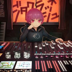 Rule 34 | 1girl, bag, black hoodie, chair, closed mouth, commentary request, dj, hood, hood down, hoodie, instrument, keyboard (instrument), long sleeves, looking at viewer, original, pink hair, railroad tracks, red eyes, short hair, sitting, smile, solo, symbolism, taxi, train, translation request, yajirushi (chanoma)