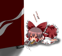 Rule 34 | 1girl, all fours, ascot, boooo-im, bow, brown hair, check translation, coin, detached sleeves, female focus, hair bow, hair ornament, hair tubes, hakurei reimu, japanese clothes, miko, pink eyes, poverty, solo, touhou, translation request, vending machine