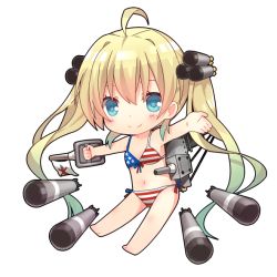 Rule 34 | 1girl, absurdly long hair, ahoge, albacore (warship girls r), american flag bikini, bare arms, bare legs, barefoot, bikini, blonde hair, blue eyes, cannon, chibi, flag print, full body, gradient hair, green hair, holding, long hair, looking at viewer, machinery, multicolored hair, navel, outstretched arms, shenbei xiaoqiu, side-tie bikini bottom, simple background, smile, solo, standing, swimsuit, torpedo, turret, twintails, two-tone hair, united states, very long hair, warship girls r, white background