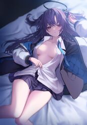 Rule 34 | 1girl, arm up, blue archive, blush, breasts, breasts apart, collared shirt, dress shirt, from above, hair ornament, halo, highres, jacket, long hair, long sleeves, lying, medium breasts, miniskirt, no bra, on back, on bed, open clothes, open jacket, open shirt, parted lips, partially unbuttoned, puffy long sleeves, puffy sleeves, purple eyes, purple hair, shirt, skirt, solo, takashima shoa, two side up, white shirt, yuuka (blue archive)