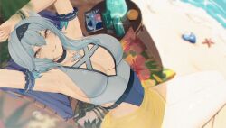 Rule 34 | 1girl, armband, armpits, arms behind head, beach, beach chair, black choker, blue hair, blue one-piece swimsuit, book, choker, closed mouth, eula (genshin impact), film grain, from above, genshin impact, glint, hairband, hands up, highleg, highleg swimsuit, highres, jewelry, looking at viewer, medium hair, necklace, nvl, one-piece swimsuit, parted lips, sarong, sitting, smile, solo, starfish, swimsuit, yellow eyes