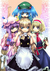 Rule 34 | 4girls, alice margatroid, apron, artist request, blonde hair, blue eyes, blue hair, book, broom, buttons, capelet, crescent, crescent moon, dress, female focus, hair bobbles, hair ornament, hair ribbon, hairband, hat, holding another&#039;s arm, ichikawa ryuunosuke, kawashiro nitori, kirisame marisa, long hair, moon, multiple girls, open mouth, patchouli knowledge, purple eyes, purple hair, ribbon, short hair, smile, subterranean animism, touhou, twintails, two side up, witch, witch hat