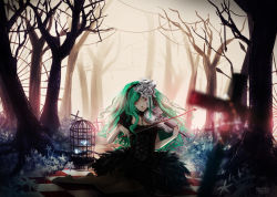 Rule 34 | birdcage, bug, butterfly, cage, checkered floor, cross, dress, closed eyes, floor, flower, green hair, hair flower, hair ornament, hairband, hatsune miku, highres, insect, instrument, jewelry, necklace, ormille, solo, violin, vocaloid