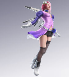 Rule 34 | 1girl, 3d, alisa boskonovich, android, boots, breasts, closed eyes, female focus, flower, flying, full body, garter straps, gloves, gradient background, grey background, highres, legs, namco, official art, pink hair, shorts, solo, tekken, tekken tag tournament 2, thighhighs