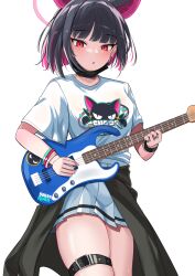 Rule 34 | 1girl, animal ears, bass guitar, black choker, black hair, blue archive, cat ears, choker, clothes around waist, colored inner hair, cowboy shot, extra ears, guitar, halo, highres, holding, holding bass guitar, holding instrument, instrument, kazusa (band) (blue archive), kazusa (blue archive), looking at viewer, mask, mask pull, mouth mask, multicolored hair, nigori (keydoor), official alternate costume, pink hair, pink halo, playing bass, red eyes, shirt, short hair, short sleeves, simple background, skirt, solo, thigh strap, white background, white shirt, white skirt