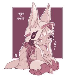 Rule 34 | 1girl, :d, animal ears, body fur, border, copyright name, full body, furry, furry female, indian style, looking at viewer, made in abyss, mawaru (mawaru), mitty (made in abyss), open mouth, purple background, sitting, smile, solo, whiskers, white border