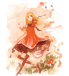 Rule 34 | 1girl, :o, ankle boots, arm up, black bow, black bowtie, black footwear, black thighhighs, blonde hair, blush, boots, bow, bowtie, brown eyes, dress, female focus, grass, long hair, looking up, nature, open mouth, original, outdoors, red dress, short sleeves, sketch, solo, thighhighs, walking, xxxxakixxxx, zettai ryouiki