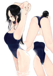 Rule 34 | 1girl, absurdres, all fours, armpits, arms behind head, ass, bare shoulders, black hair, breasts, cleavage, collarbone, covered navel, forehead, from below, from side, gluteal fold, highleg, highleg swimsuit, highres, kneepits, large breasts, long hair, multiple views, nail polish, one-piece swimsuit, original, pink nails, red eyes, rucchiifu, sideboob, simple background, stretching, swimsuit, wading