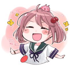 Rule 34 | 1girl, blush, chibi, closed eyes, dated, green sailor collar, hair bobbles, hair ornament, izumiyamisono, kantai collection, open mouth, outstretched arms, pink hair, sailor collar, sazanami (kancolle), school uniform, serafuku, short hair, short sleeves, smile, solo, spread arms, twintails, twitter username, upper body