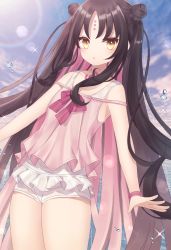 Rule 34 | 1girl, :o, absurdres, babydoll, bare arms, bare shoulders, black hair, blush, bow, brown eyes, commentary request, day, double bun, facial mark, fate/grand order, fate (series), forehead mark, hair bun, highres, long hair, multicolored hair, one-piece swimsuit, outdoors, parted bangs, parted lips, pink babydoll, pink hair, pink one-piece swimsuit, red bow, sapphire (sapphire25252), sessyoin kiara, sessyoin kiara (lily), sessyoin kiara (swimsuit mooncancer), solo, swimsuit, two-tone hair, very long hair, white one-piece swimsuit