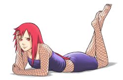 Rule 34 | 1girl, absurdres, feet, fishnets, full body, highres, karin (naruto), long hair, looking at viewer, lying, naruto, naruto (series), on stomach, red eyes, red hair, smile, solo, toes