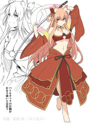 Rule 34 | 1girl, animal ears, bare shoulders, barefoot, black ribbon, breasts, brown eyes, brown hair, cat ears, cleavage, collarbone, commentary request, detached sleeves, fate/grand order, fate (series), hair ornament, holding, holding sword, holding weapon, katana, large breasts, looking at viewer, multiple views, navel, red sleeves, ribbon, shiseki hirame, simple background, smile, suzuka gozen (fate), suzuka gozen (third ascension) (fate), sword, translation request, weapon, white background