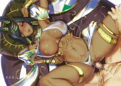 Rule 34 | 1boy, 1girl, abs, alternate costume, armlet, armpits, bare shoulders, black hair, black panties, bracelet, braid, breasts, breasts apart, brown lips, chinese text, cian yo, clothed sex, dark-skinned female, dark skin, egyptian, egyptian clothes, eye of horus, facial mark, facial tattoo, fingernails, forehead jewel, from above, gluteal fold, hair tubes, hetero, highleg, highleg panties, highres, jewelry, large breasts, leg grab, lipstick, long fingernails, looking at viewer, lying, makeup, male pubic hair, missionary, mole, mole on breast, navel, nipples, on back, open mouth, overwatch, overwatch 1, panties, penis, pharah (overwatch), pov, pubic hair, revealing clothes, scan, sex, short hair, side braids, skindentation, solo focus, spread legs, stomach, sweat, swept bangs, tattoo, translation request, uncensored, underwear, vaginal