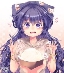 Rule 34 | 1girl, 1other, \||/, bangle, blue eyes, blue hair, bowl, bracelet, drooling, hands up, highres, jewelry, kemo chiharu, pov, pov hands, rice, small hands, solo focus, straight-on, touhou, wavy mouth, yorigami shion