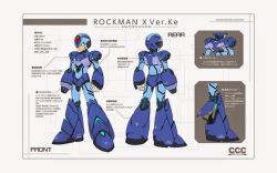 Rule 34 | 1boy, android, arm cannon, capcom, character sheet, concept art, forehead jewel, full body, green eyes, helmet, mega man (series), x (mega man), mega man x (series), multiple views, official alternate costume, official art, redesign, thrusters, translation request, weapon