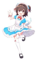 Rule 34 | 1girl, apron, arm up, black footwear, blue dress, brown eyes, brown hair, dress, full body, highres, idolmaster, idolmaster cinderella girls, leg lift, maid, maid headdress, mary janes, open mouth, shoes, short dress, short hair, short twintails, simple background, smile, solo, standing, standing on one leg, thighhighs, twintails, two side up, waving, white apron, white background, white thighhighs, wrist cuffs, yamada yamao
