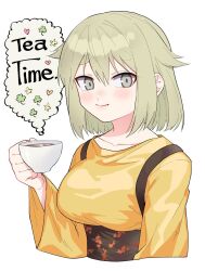 Rule 34 | 1girl, alternate hairstyle, anarogumaaa, blonde hair, blush, closed mouth, collarbone, cup, dress, english text, eyebrows hidden by hair, goou yoshimitsu, hair flaps, highres, holding, holding cup, light smile, looking at viewer, short hair, solo, teacup, tenka hyakken, thought bubble, upper body, white background, yellow dress, yellow eyes